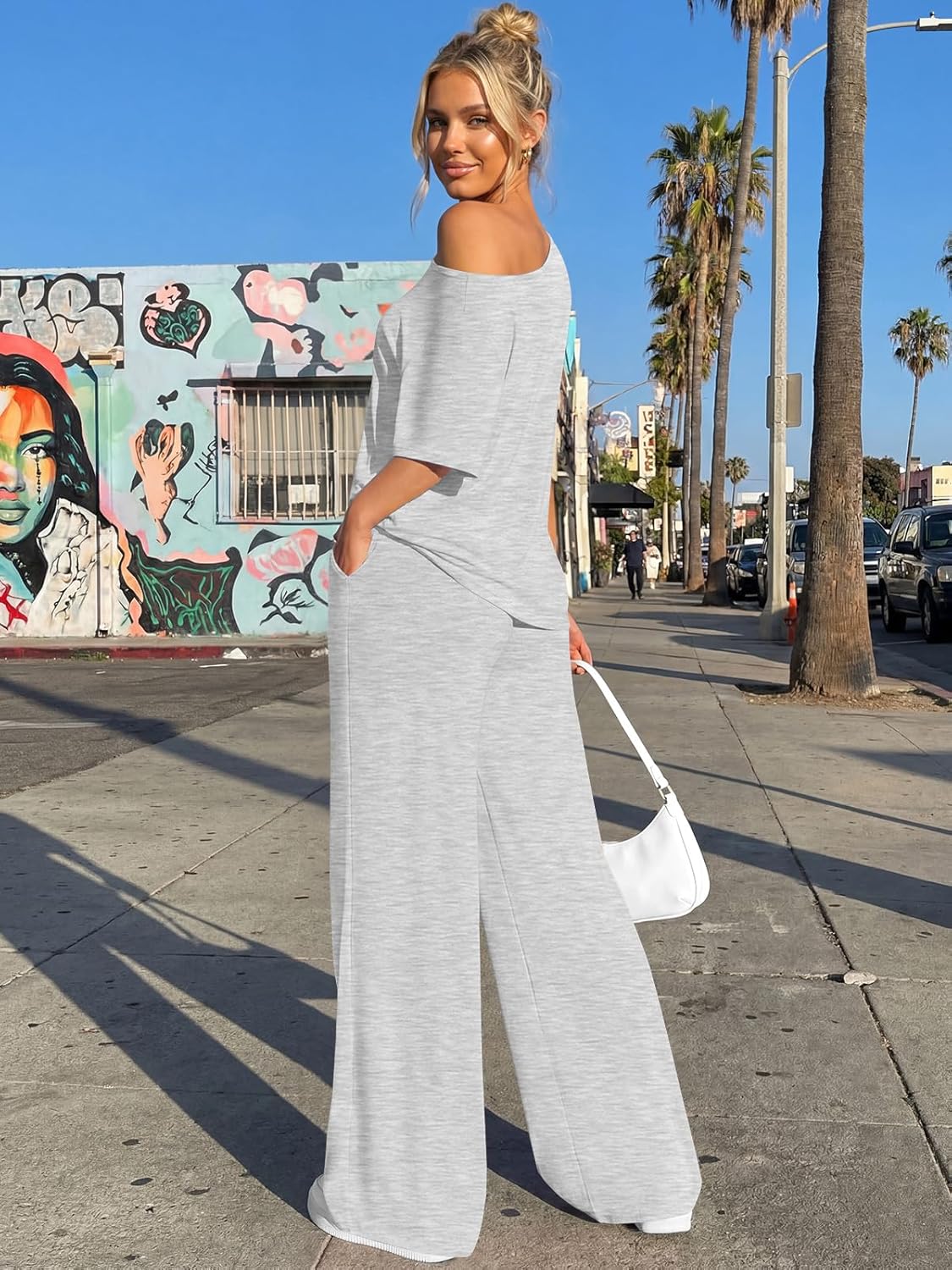 Trendy Queen Women's 2-Piece Lounge Set - Off-Shoulder Oversized T-Shirt & Wide Leg Pants | Casual Travel Outfit