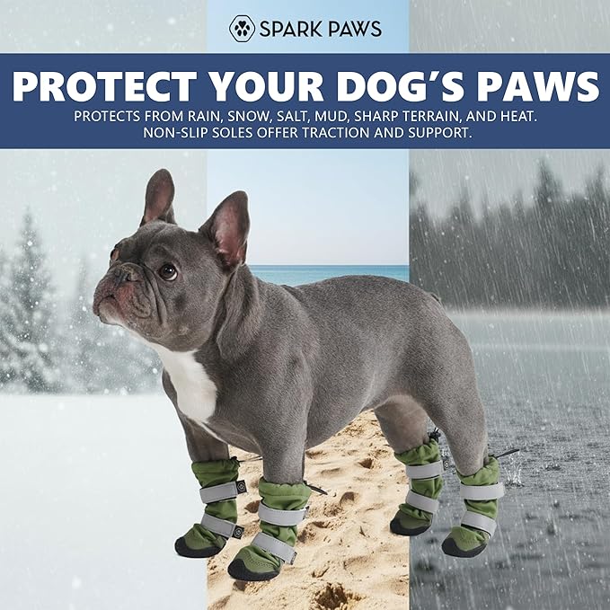 Spark Paws Dog Shoes, Waterproof Dog Boots for Medium to Large Dogs, Non Slip, Breathable Dog Booties and Paw Protectors - 4PCS Doggie Hiking Boots with Reflective Straps - Green, Size 8
