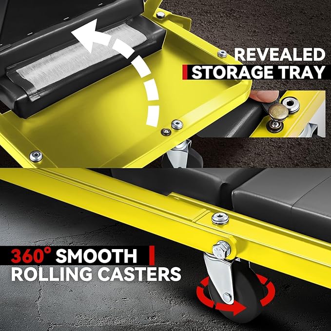 Auto Dynasty 48" Z-Creeper Seat, 2-in-1 Foldable Garage Rolling Creeper Shop Seat, 330 LBS Capacity Automotive Mechanic Under Car Repair Tool, Yellow