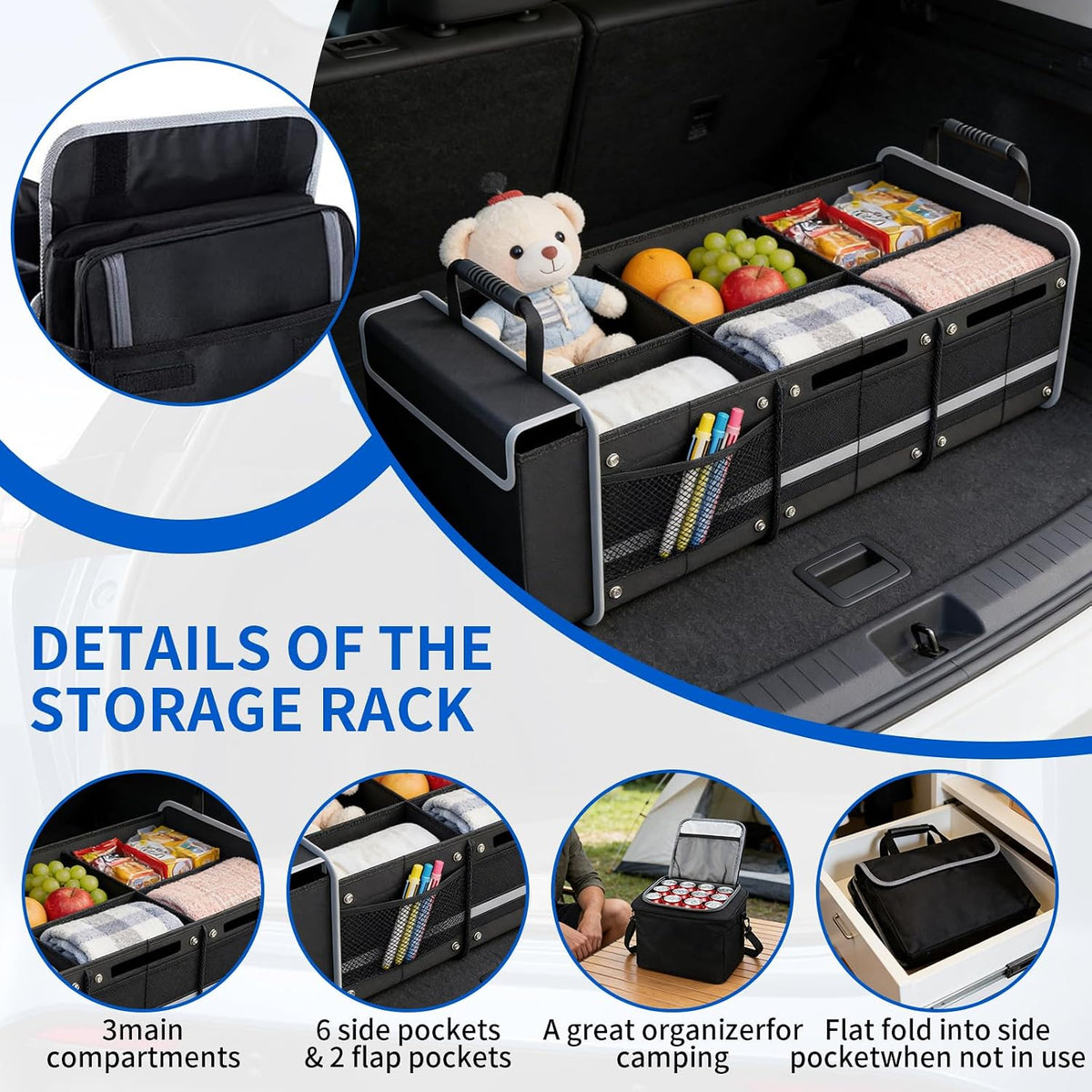 Collapsible Trunk Organizer for Car with Insulated Leakproof Cooler Bag, 3 Compartments SUV Cargo Organizer w/Removable Dividers, 5-in-1 Storage w/Foldable Lid & 2 Tie-Down Straps (Black)