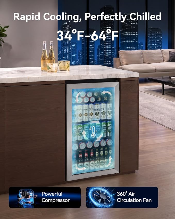 Feelfunn Beverage Refrigerator Cooler - 126 Can Mini Fridge Glass Door for Drinks Soda Beer Wine - Small Refrigerator for Office Bedroom Home Bar, 4 Adjustable Shelves, 3.2 Cu.Ft, Silver
