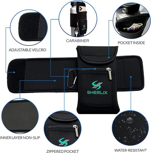 Gym Water Bottle Pouch - Waterproof Neoprene Sleeve with Accessory Pockets | Fits 18-40 oz Bottles