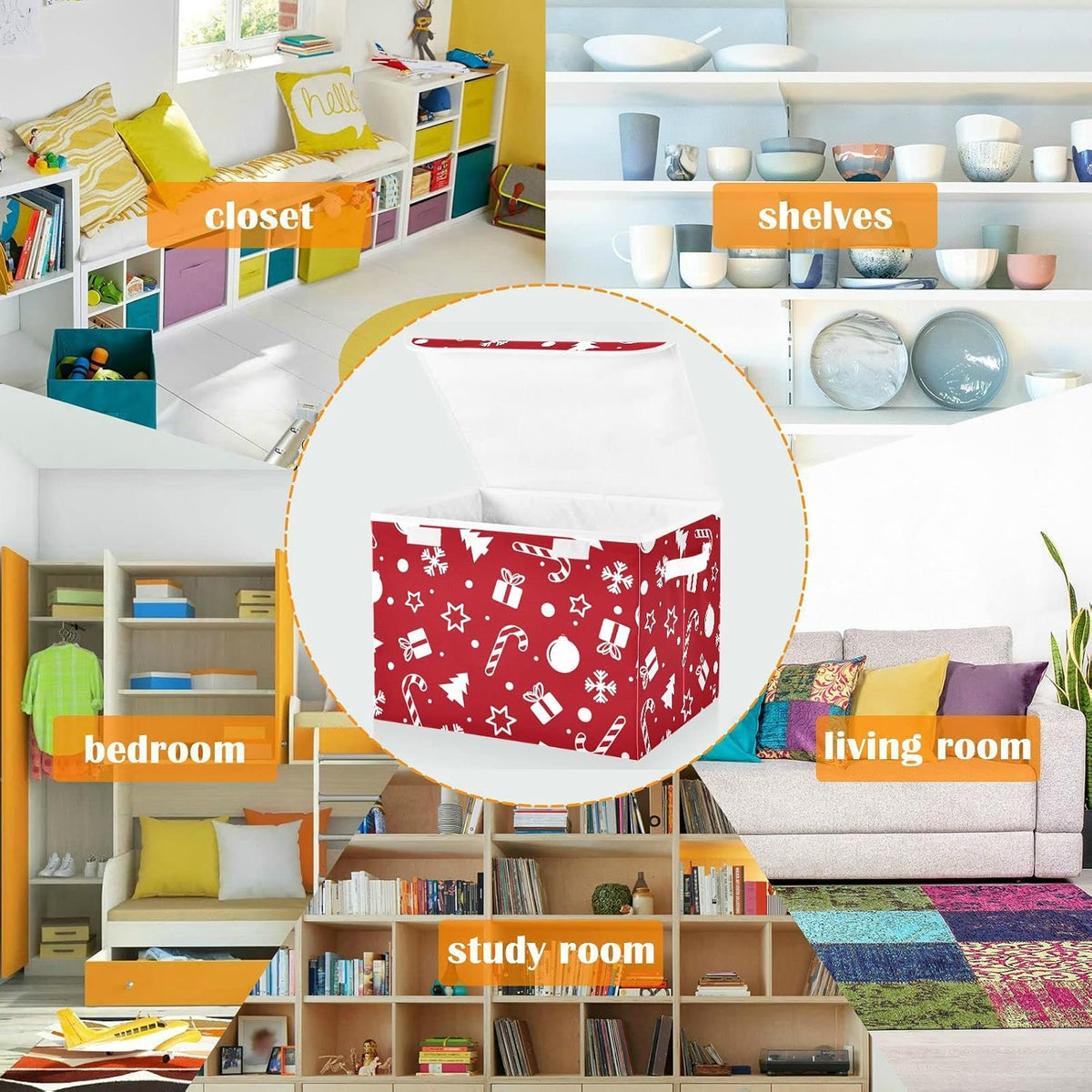 CaTaKu Large Fabric Storage Bins With Lids, Red Christmas Tree Storage Boxes With Handles for Organizing Clothes, Collapsible Storage Cube Bins Baskets for Shelves