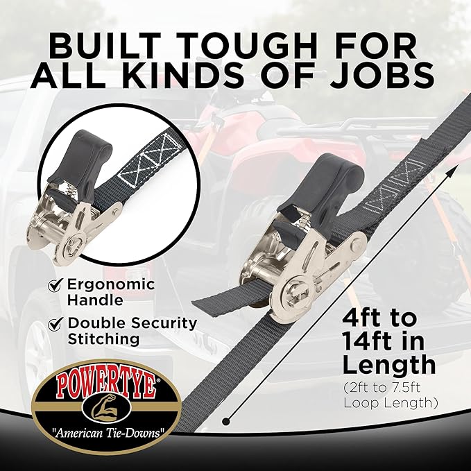 PowerTye - Endless Ratchet Strap - 1in x 4ft Easy Grip (Hookless), Tie Down Strap w/ 400 lb. Working Load Limit / 1,200 lb. Break Strength, Ideal for Motorcycle, ATV, Bike, & Coolers, Green 2-Pack