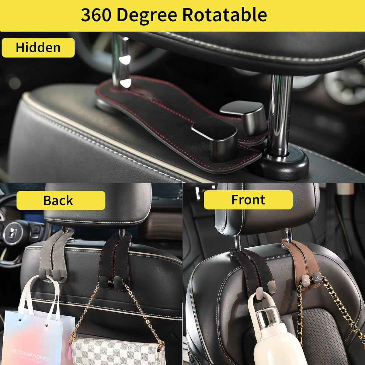 WEIHAO Purse Hook for Car Headrest, Suede Car Seat Back Storage Hook, Aluminum Twin Hooks Leather Car Headrest Hangers, Bag Holder for Sedan, Trucks, SUVs, Most Vehicles (Black-4PCS)
