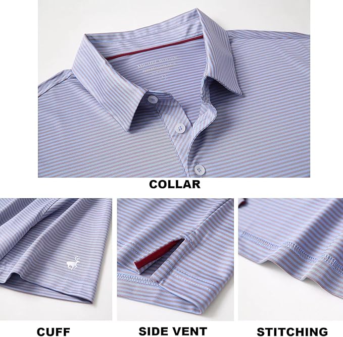 Mens Golf Shirt Moisture Wicking Dry Fit Performance Sport Short Sleeve Striped Golf Polo Shirts for Men