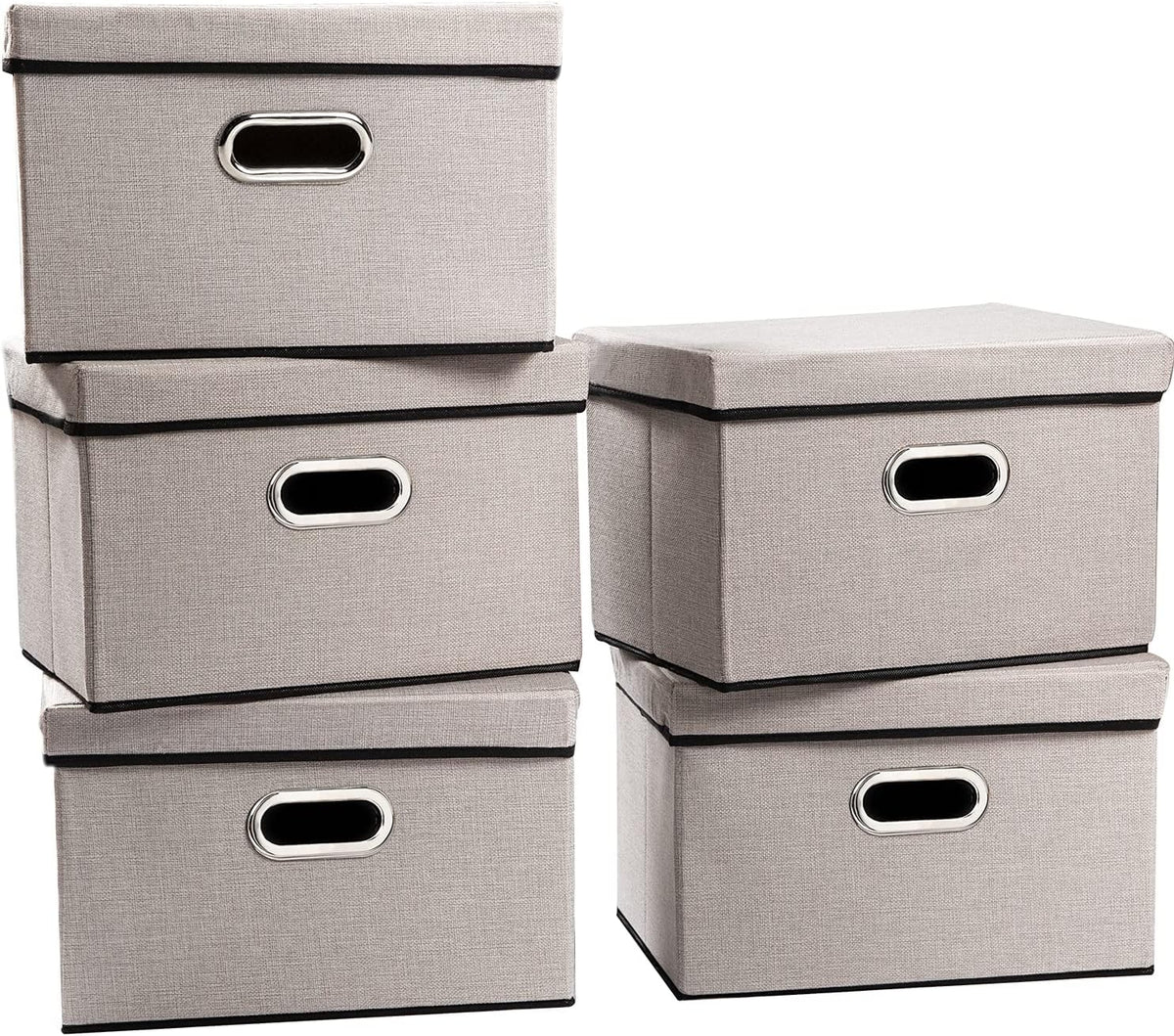 PRANDOM Foldable Storage Bin with Lid [5-Pack] Linen Fabric Decorative Storage Box Organizer Container Basket Cube with Handles Divider for Closet Office Living Room Light Grey(14.9x9.8x9.8)