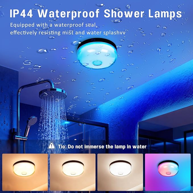 Loscarol Rechargeable Shower Lights with Remote, 15 RGBW Color Changeable Shower Lamp Waterproof, Dimmable ＆Timer Ceiling Light, Wireless LED Mood Lighting for Bathroom, Closet (Black, 4-Pack)