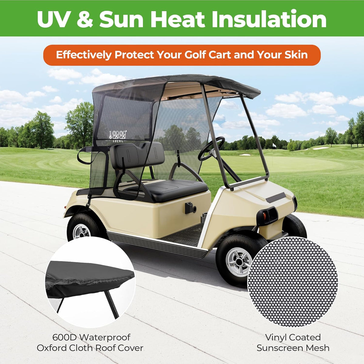 10L0L 2 Passenger Golf Cart Sun Shade Cover for EZGO TXT RXV & Club Car DS Precedent Tempo, UV Heat Blocking Polyester Mesh Canopy Cover, Durable & Easy Install (Roof Size:59" L X 41" W)