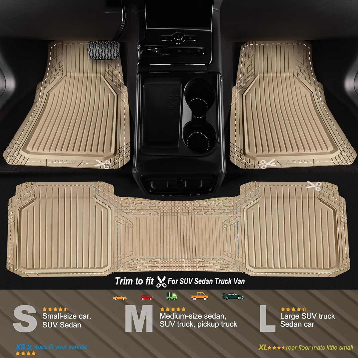 CAR PASS Heavy Duty Rubber Floor Mats for Car, Waterproof Liner Deep Dish Car Mats Full Sets, Universal Trim to Fit for SUV Truck Sedans Vans, All Weather Automotive Floor Mats 3pcs, Solid Beige