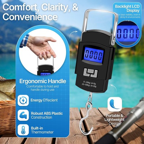 Flexzion Digital Hanging Scale - 110lb/50kg Portable Luggage & Fish Scale with LCD Display, Stainless Steel Hook