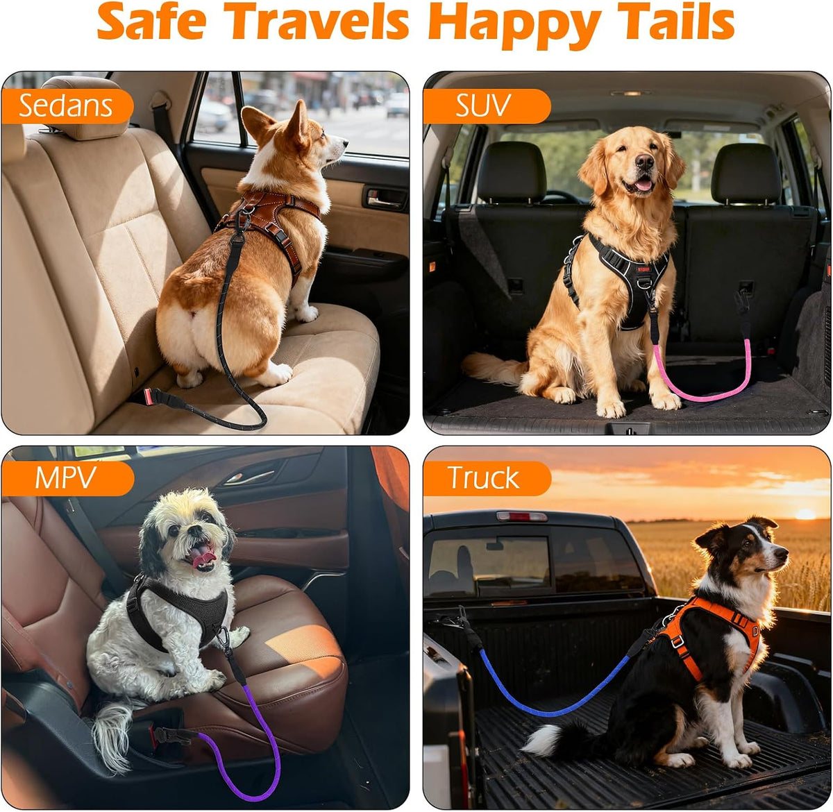 PetBonus Dog Seat Belt for Car, Durable Rope Dog Car Harness Seatbelt for Vehicle, Pet Tether Safety Restraint with Heavy Duty Buckle Hook Latch Lockable Clip for Small Medium Large Breeds (Pink)