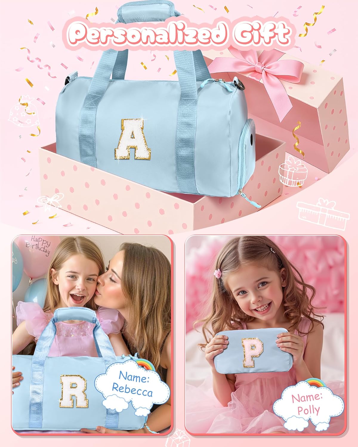 Skiennix Girls Gym Bag - Personalized Weekender Tote with Shoe Compartment & Makeup Pouch | Ideal Gift for 7-Year-Olds (Letter R)