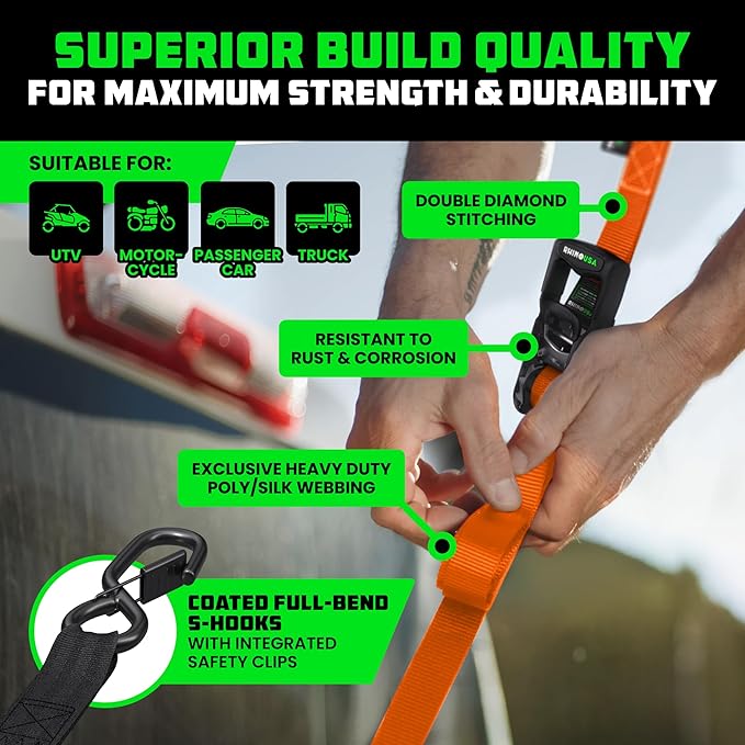 Rhino USA Ratchet Straps Heavy Duty Kit (4-Pack) - 1.6 Inch x 8 Feet Min Break Strength (5,000) - Ultimate Tie Down Straps with Safety S Hooks for Trucks, ATV, UTV, Motorcycle, Cargo & More - Orange