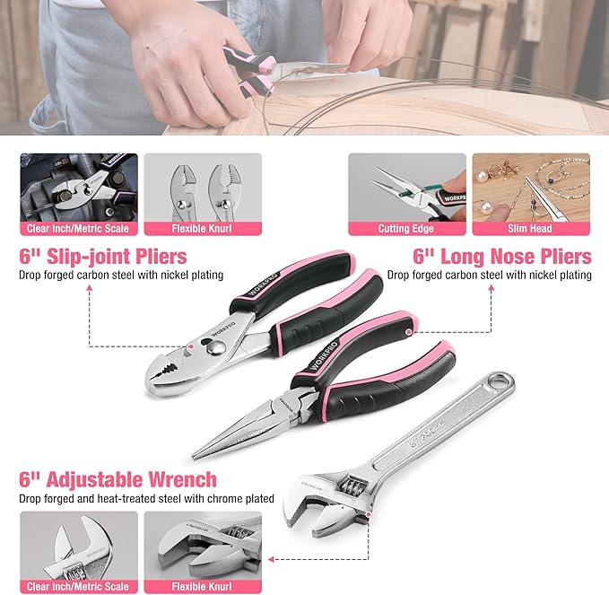 WORKPRO Pink Tool Set, 258 PCS Tool Kit for Women, Basic Household Case with Hammer, Screwdriver Set, Portable for Home Repair, New Apartment, House-Warming, DIY - Pink Ribbon