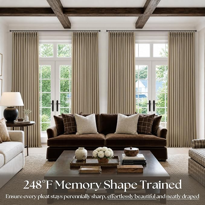Pleated Light Brown Semi Sheer Sliding Door Curtains 105 Inches Long 4 Panels