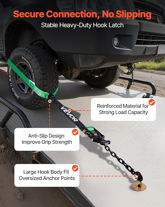 VEVOR Wheel Chock Tie-Down Kit, Tire-Style Tow Dolly Strap, Car Kit with Heavy-Duty Hook, Break Strength 10009 lbs & Working Load 3333 lbs Motorcycle Tie-Down System with O-Ring for ATV, SUV