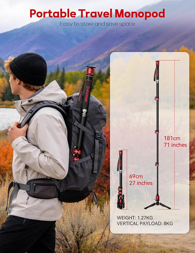 IFOOTAGE Monopod Cobra 3 C180F-P, 1/4'' & 3/8'' Quick Release Compatible