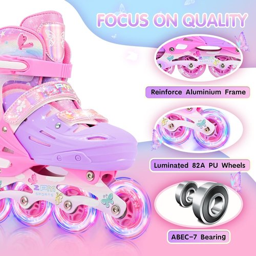 2PM SPORTS Inline Skates for Kids - Adjustable Light-Up Wheels | Ages 5-12, Perfect for Beginners