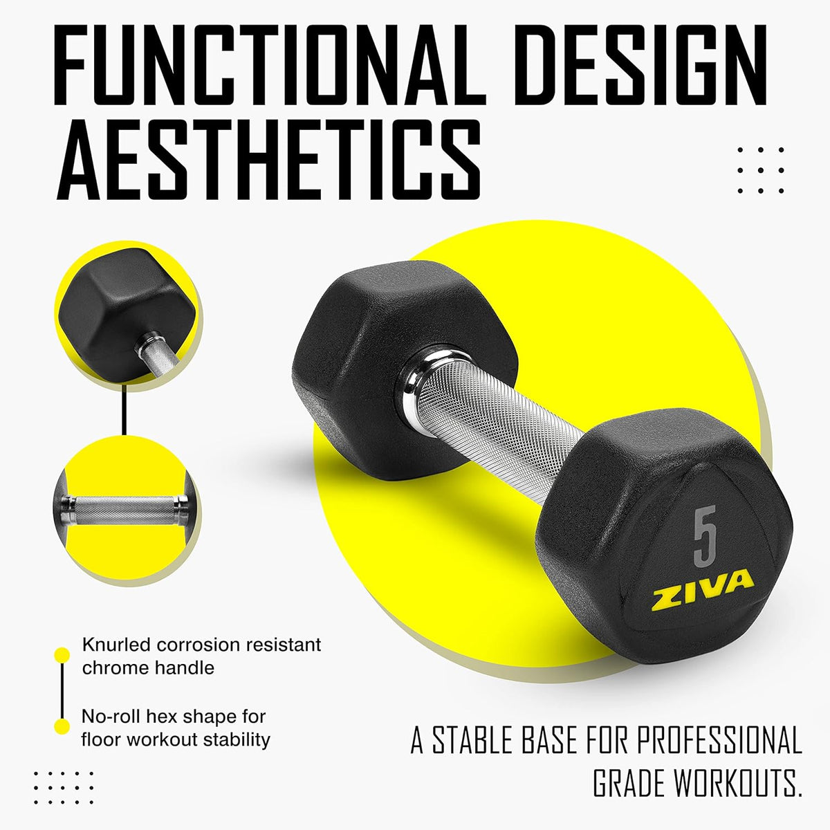ZIVA Premium Hex Dumbbells - Commercial Grade Rubber Urethane Coated Free Weights for Home Gym | Durable Steel Core, Sold in Pairs and Sets