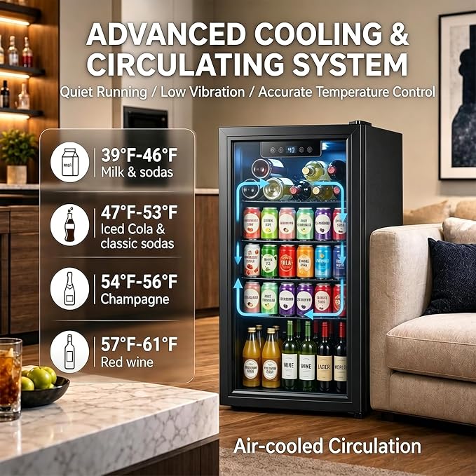 Beverage Refrigerator, 3.2 Cu.Ft Mini Fridge with Glass Door & Air Cooling, and Electronic Temperature Control for Beer, Wine, Soda, Compact Drink Fridge for Home, Office, Bar (3.2 Cu.Ft)