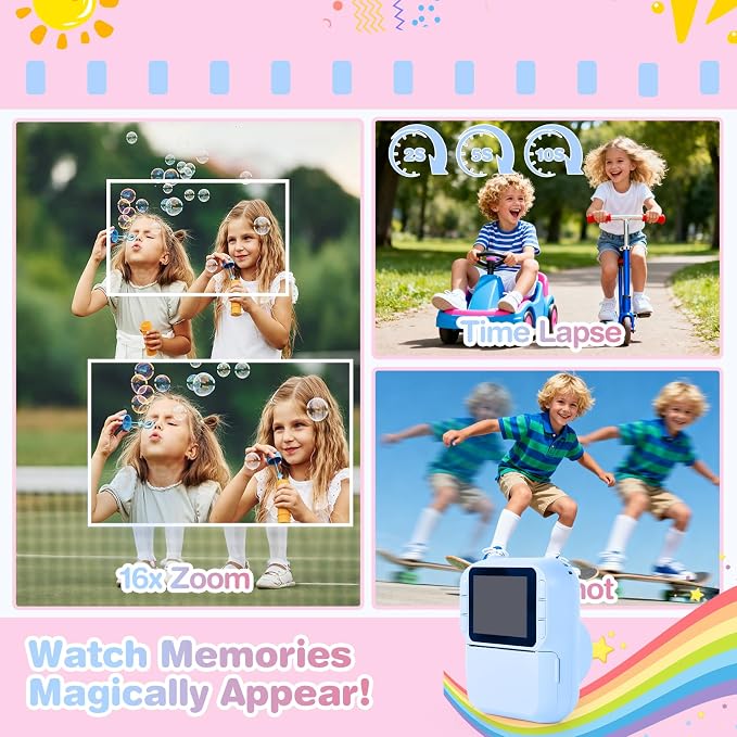 Kids Camera Instant Print with Color & Black-White Printing, 1080P HD Digital
