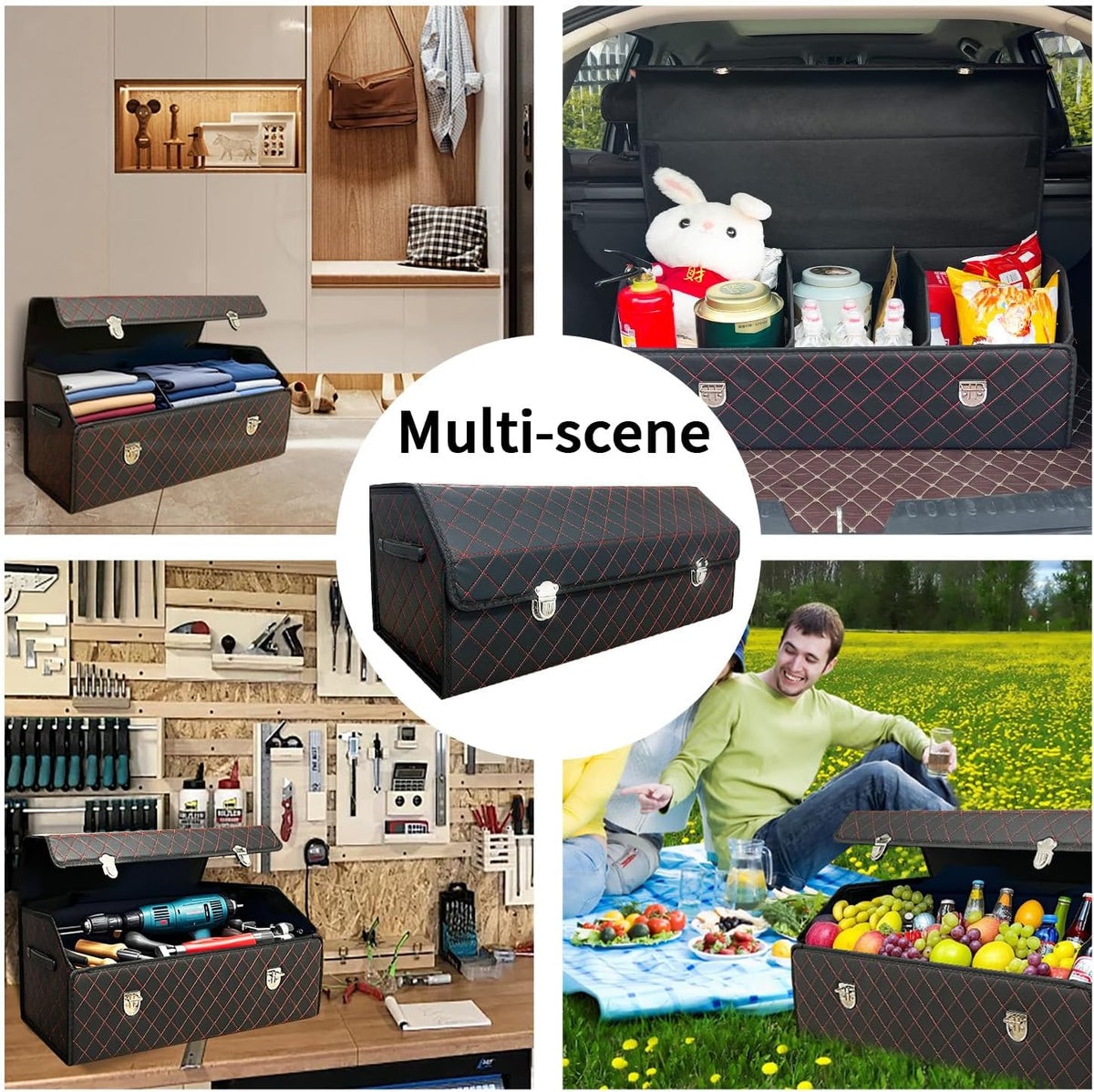 Car Trunk Organizer with Lid,Foldable Faux Leather Cargo Storage Box,3 Compartments,Collapsible Multi-Functional for SUV,Sedan,Vehicle Trunk