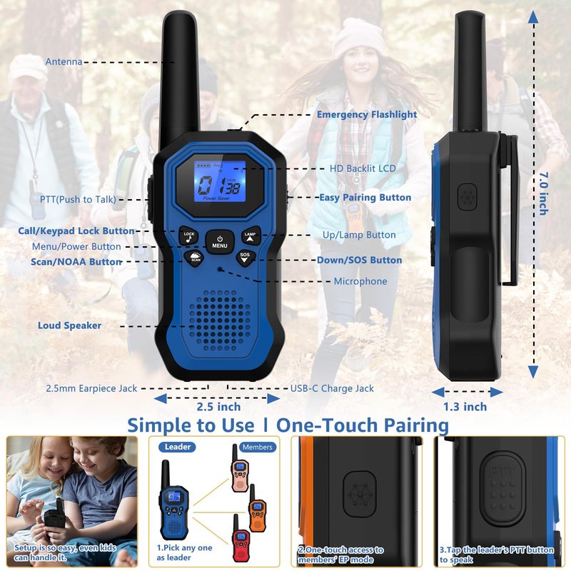 Walkie Talkies for Adults Long Range 2 Way Radios for Kids Rechargeable 4 Pack, Hiking Camping Skiing Cruising Gear with Lamp, USB-C, SOS Siren, NOAA Alert, iVOX Hands-Free, One-Touch Pairing