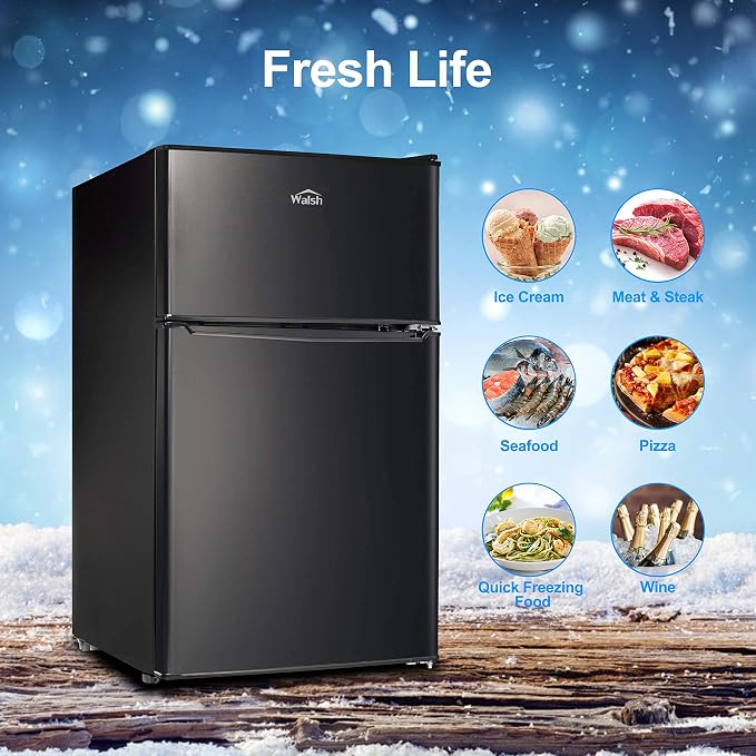 Walsh Compact Refrigerator, Dual Door Mini Fridge, Energy Efficient, Adjustable Mechanical Thermostat with Freezer, Reversible Doors with Leveling Front Legs, 3.1 Cu Ft, Black