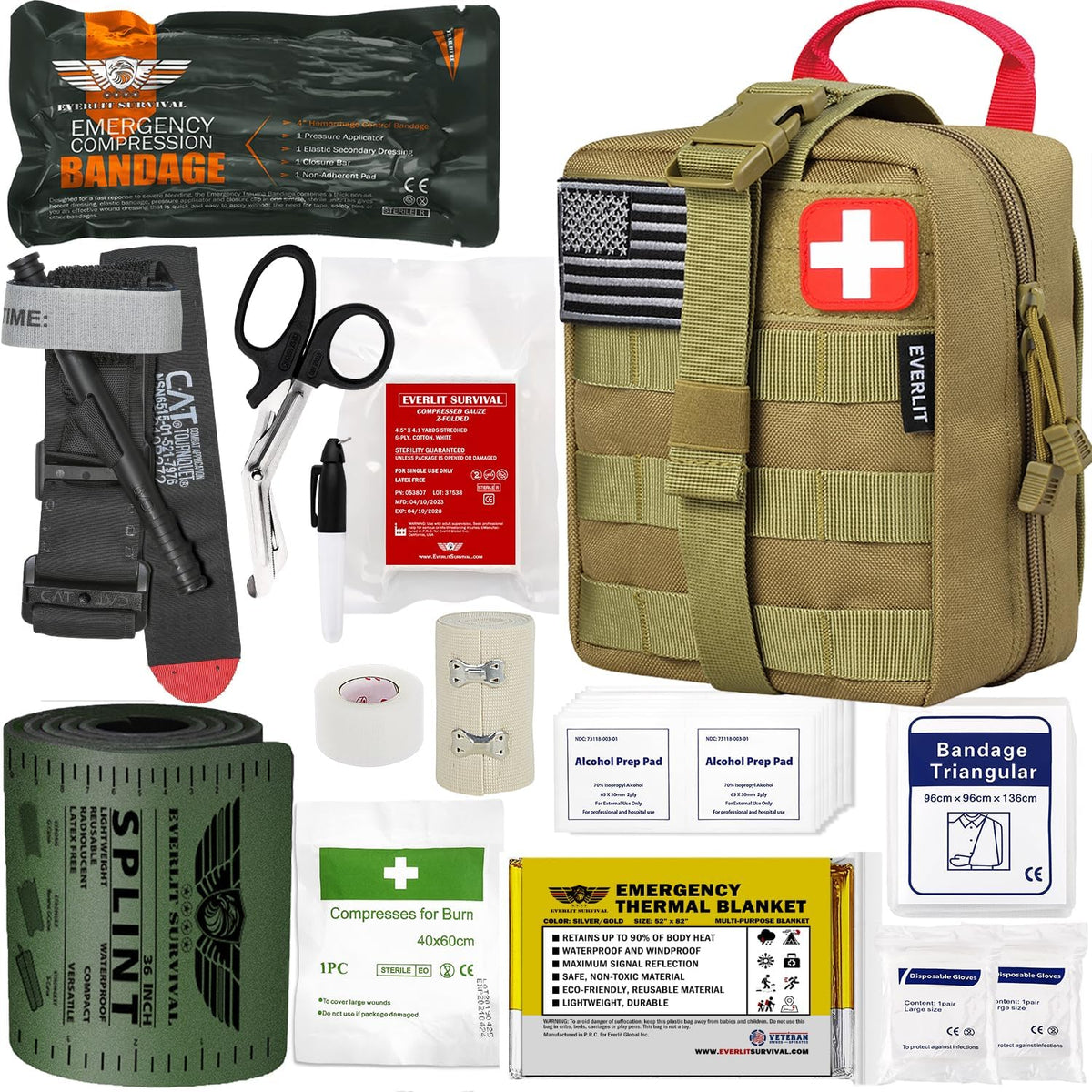 EVERLIT Emergency Trauma Kit, CAT GEN-7 Tourniquet 36" Splint, Military Combat Tactical IFAK for First Aid Response, Critical Wounds, Severe Bleeding Control (Tan)