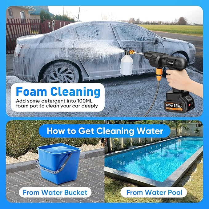 Portable Cordless Pressure Washer, 600 PSI 21V Two Rechargeable Batteries Powered Pressure Washer with Battery Level Display, 6-in-1 Nozzle with Jet Nozzles for Car Floor Wall Fence Cleaning