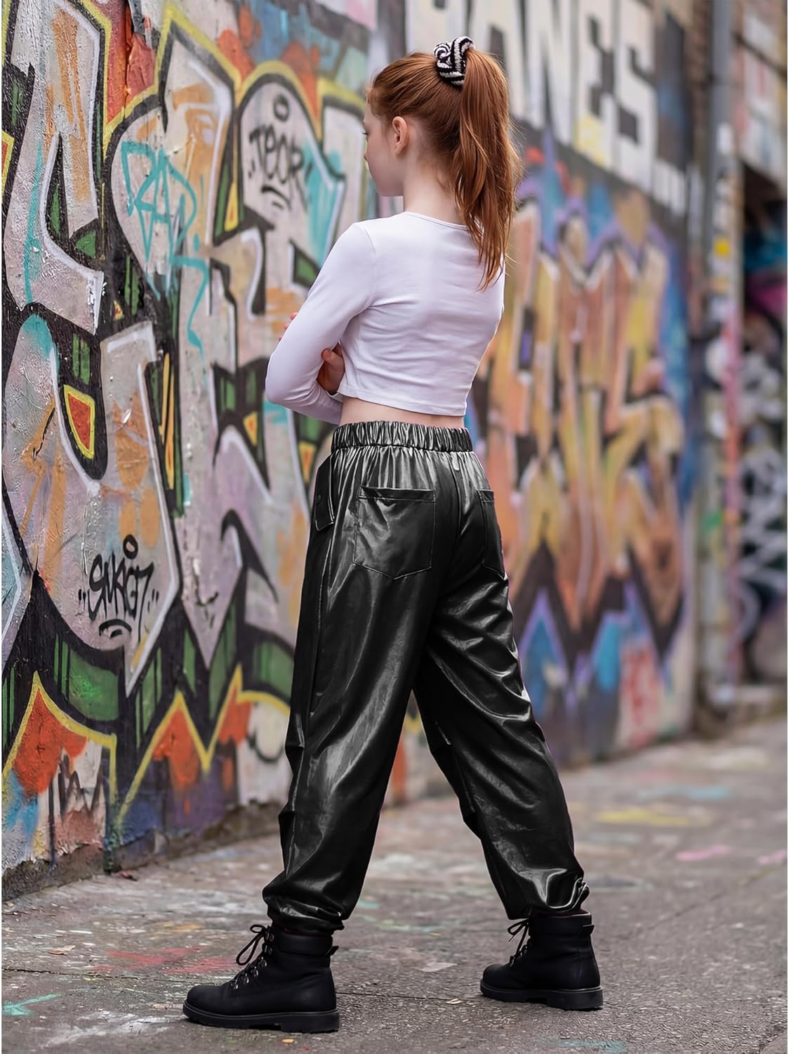 Stelle Girls Metallic Cargo Pants - Shiny Hip Hop Dance Joggers | Sparkly Stretchy Wide Leg for Kids 4-15 Years