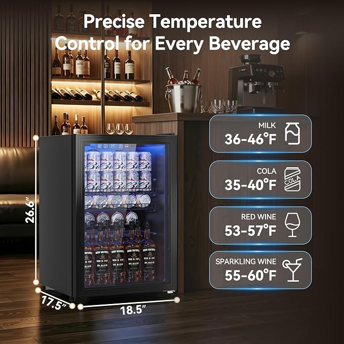 Tehanld 2.5 Cu.Ft Beverage Fridge, Glass Door Mini Fridge, Black, 96 Can | Adjustable Shelves for Wine & Beer, Digital Temp, Holds Up to 96 Cans, Freestanding for Home & Office