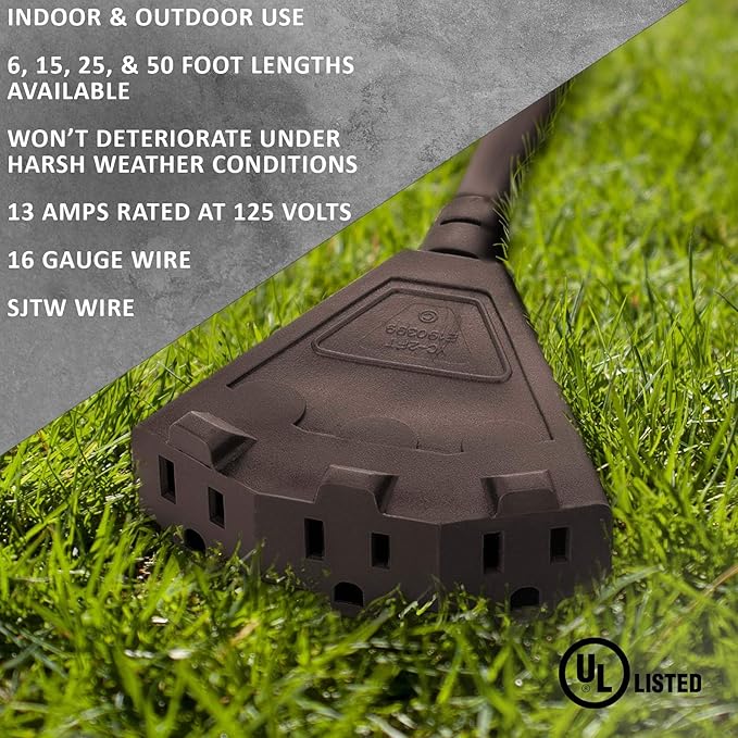 Holiday Lighting Outlet 50-Foot Brown Extension Cord, 3-Prong Indoor & Outdoor Splitter, Perfect for Landscape Lighting