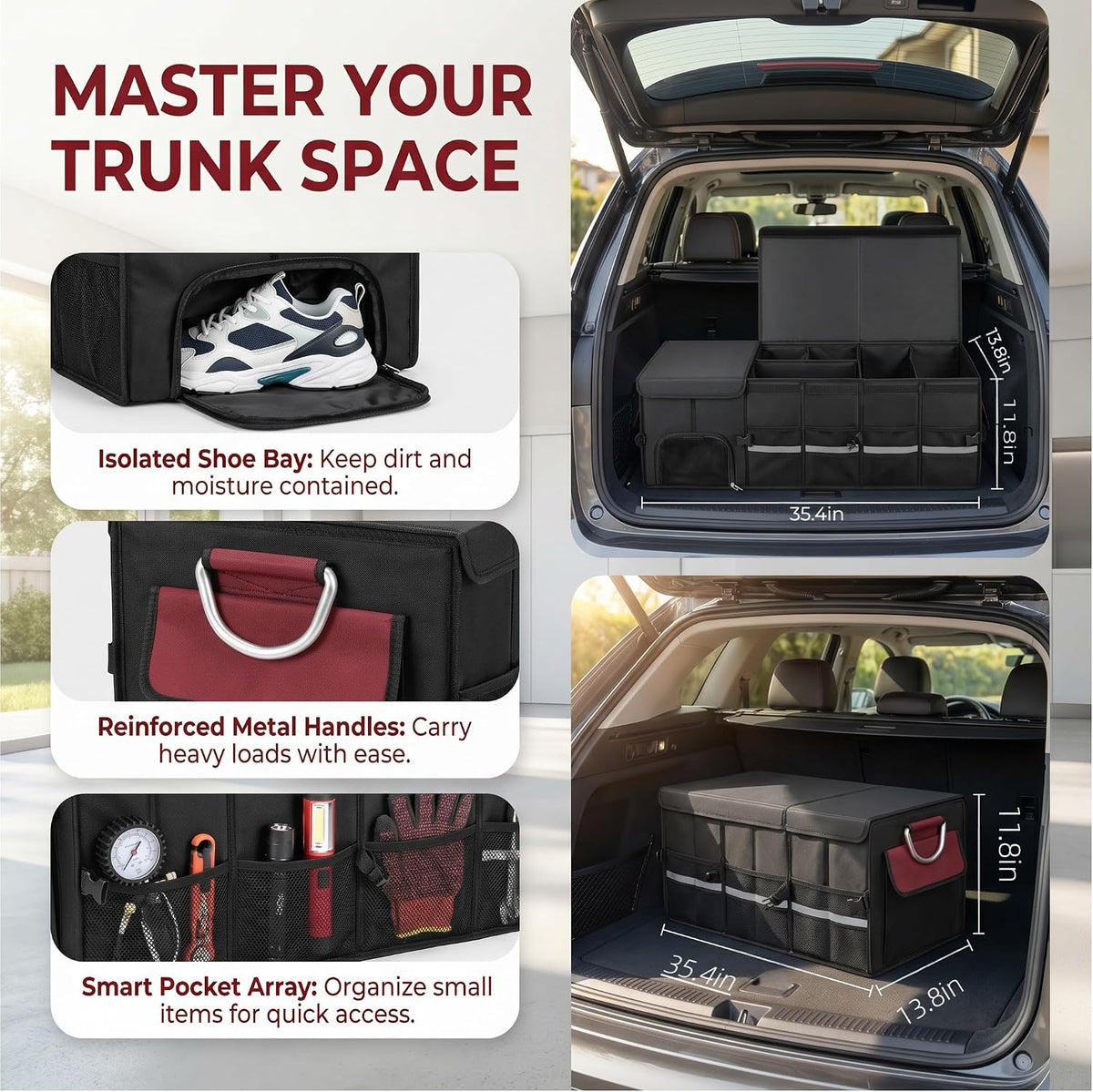 J&J Extra Large Collapsible Car Trunk Organizer With Cooler Bag | L:35.4" ,112L Car Trunk Organize,31.5L Cooler Bag,1680D oxford fabric, durable material,Suitable for SUV and Truck