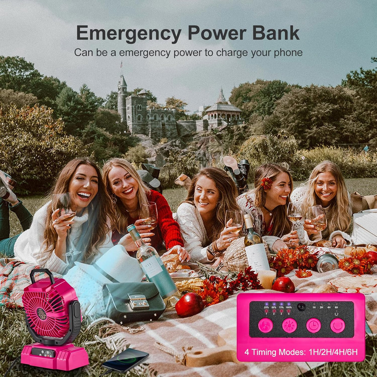 Odoland Portable Camping Fan - 20000mAh Rechargeable Battery, LED Lantern, 360° Rotation, Pink