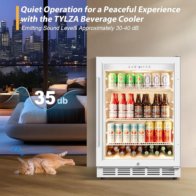 24" Beverage Refrigerator Glass Door Reversible White | Built-in/free, fast cool, <38dB, temp memory, glass+lock, 37-65°F, 190 can