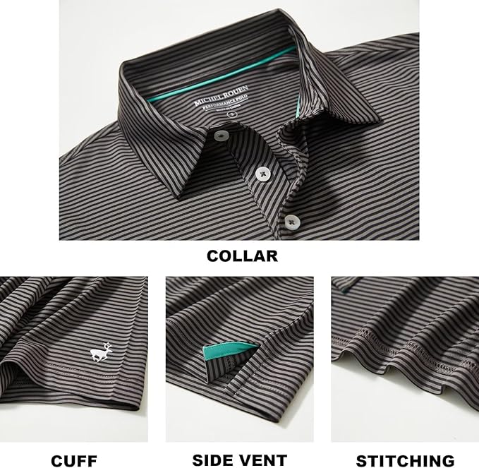 Mens Golf Shirt Moisture Wicking Dry Fit Performance Sport Short Sleeve Striped Golf Polo Shirts for Men