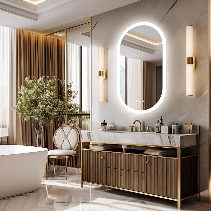 LUVODI Lighted LED Bathroom Mirror: 32x20IN Oval Wall Mounted Vanity Mirror with Bright Back Lit - Illuminated Dimmable 3 Colors Makeup Mirrors with Smart Memory Form Anti-Fog Vertical or Horizontal