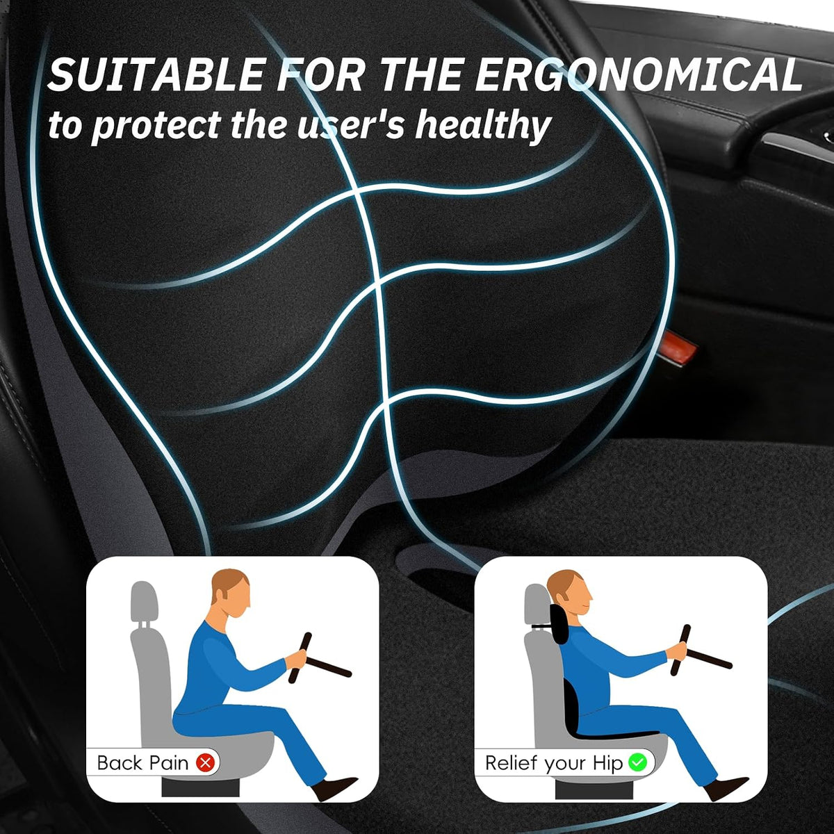 NS YOLO Ergonomic Car Seat Cushion with Comfort Memory Foam Neck Pillow, Car Pillow,Lumbar Support and Big Size Soft Seat Cushion for Driving Seat,Office Chair and Wheel Chair (Black and Grey-3 pcs)
