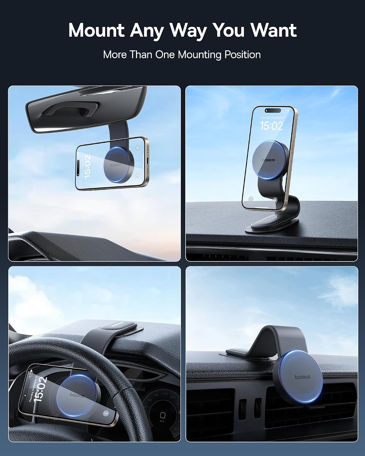 Baseus for Magsafe Car Mount, 25N Magnetic Phone Holder for Car, Cell Phone Car Mount Compatible with iPhone 17 to 13 Pro Plus Max Mini, Bendable Memory Titanium Alloy for All Dashboard