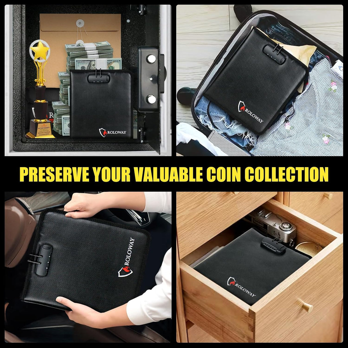 ROLOWAY Coin Collection Book 6400℉ Heat Insulated, 346 Pockets Fireproof Coin Book Holder and 36 Paper Currency Album with Aluminum Foil Layer, Money Saving Coin Collector Book with Lock (Black)