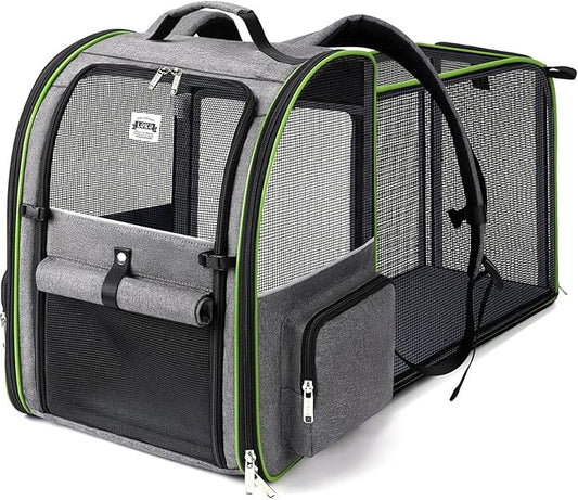 Lekebobor Large Cat Backpack Carrier Expandable Pet Carrier Backpack for Small Dogs Medium Cats Fit Up to 18 Lbs,Dogs Foldable Puppy Backpack Carrier for Travel, Hiking,Grey with Green Edge,L