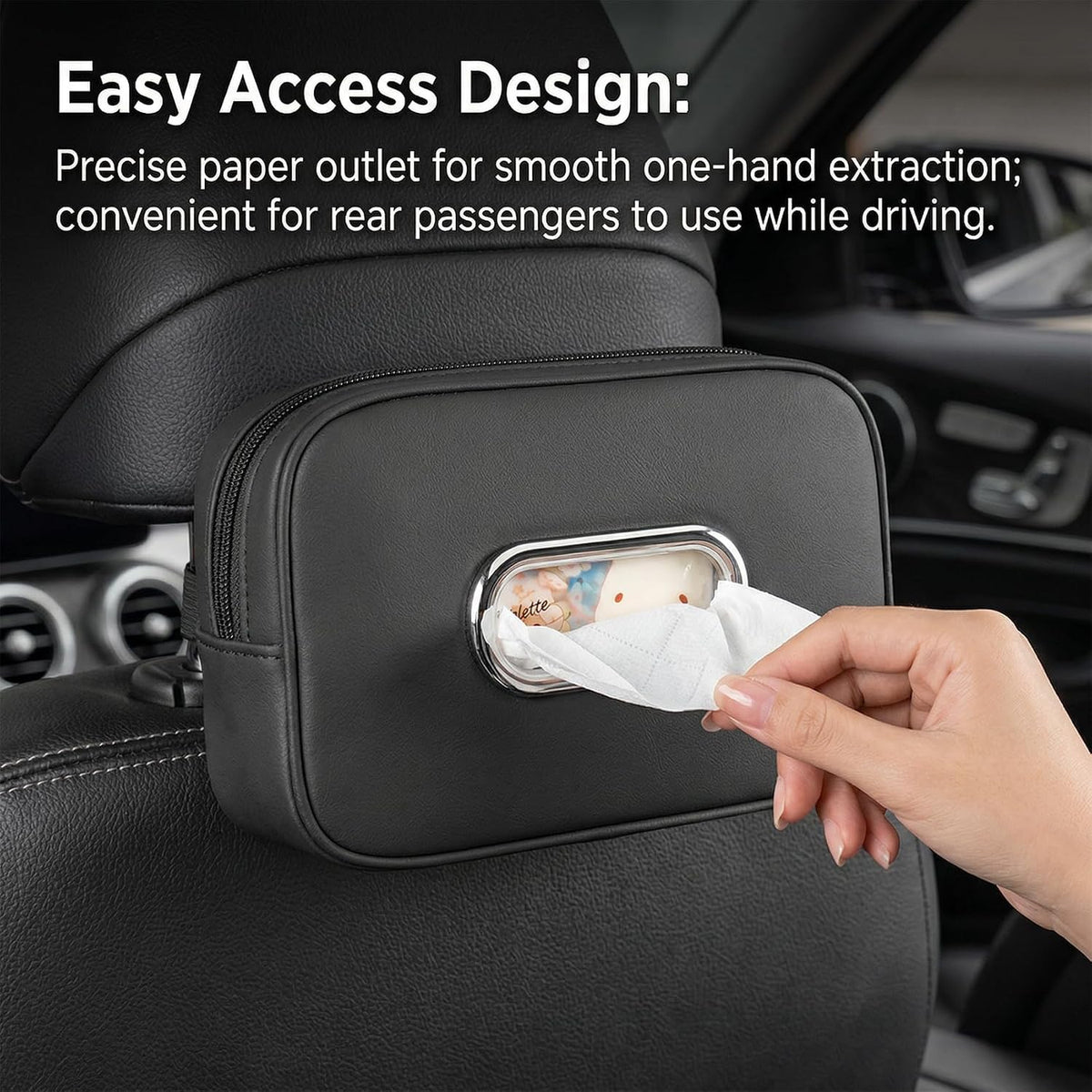 Car Tissue Holder, Car Napkin Holder, PU Leather Backseat Tissue Box Cover Fits for 120 Standard Kleenex Box, Large Rectangle Napkin Organizer for Auto Back Seat Headrest Sun Visor (Black)