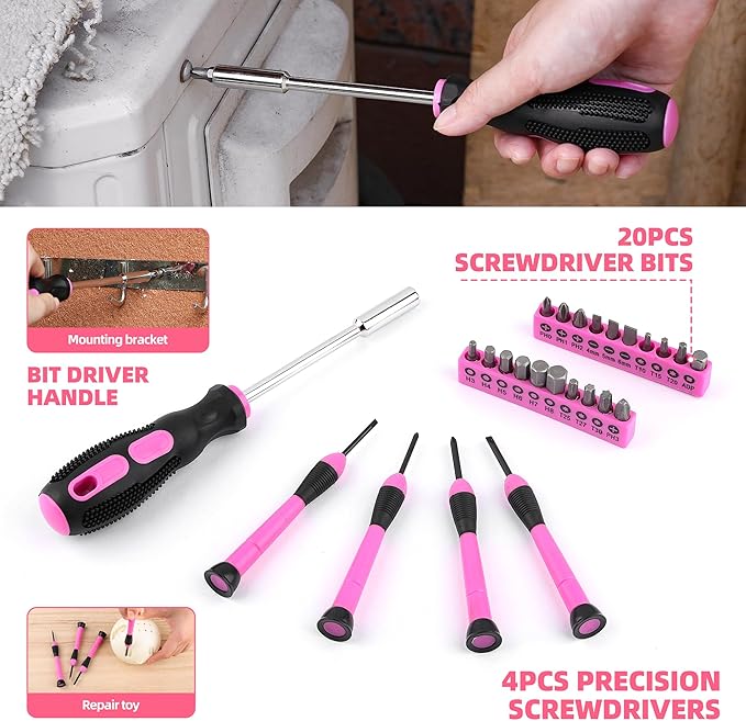 URASISTO 125 PCS Pink Household Tool Set, Pink Ladies Basic House DIY Toolkit Set for Home Garage Office College Dormitory Use, Hand Tool Kits for Women