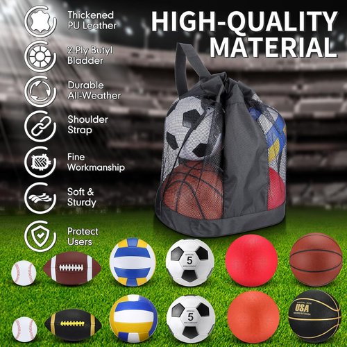 Deekin 12 Pcs Sport Ball Set - Official Size Basketball, Football, Volleyball & More | Includes Bag & Pump