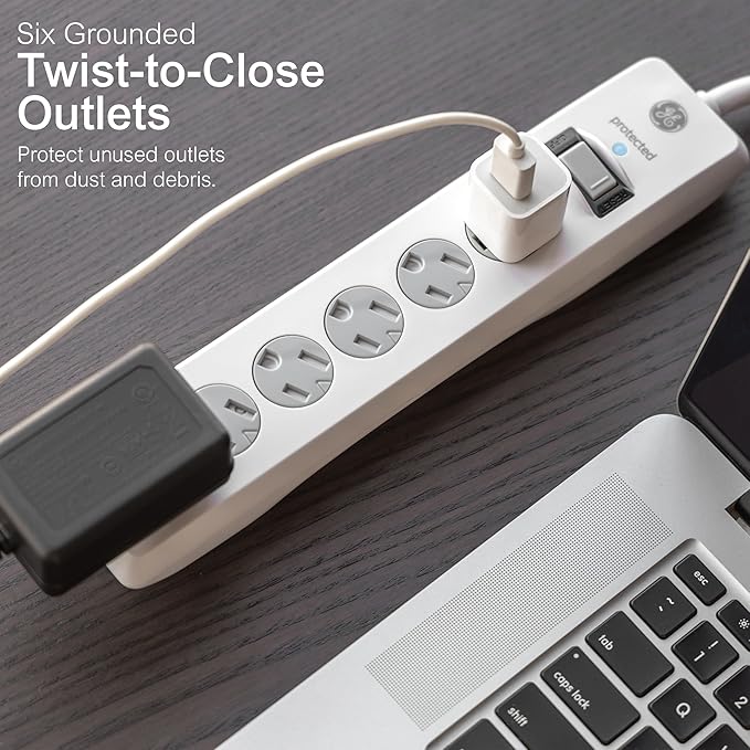 GE Surge Protector Power Strip, 4 Ft Extension Cord, 6 Outlet Extender, 800 Joules, Flat Plug, Twist-to-Close Safety Covers, ETL Listed, White, 33658