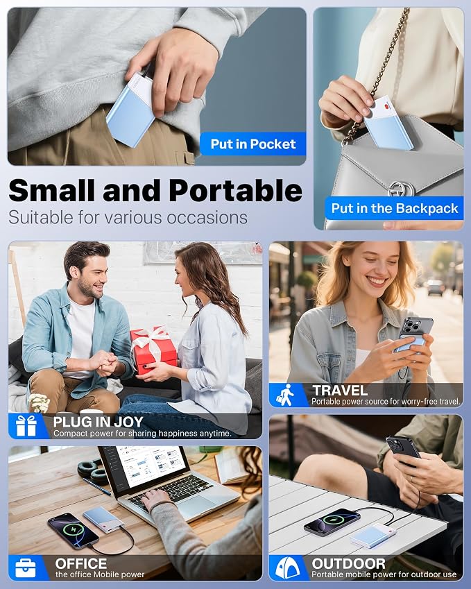Aaoyun Portable Charger Power Bank, 10000mAh 22.5W PD Fast Charging Powerbank with Built-in USB C Cable, Slim External Phone Battery Pack for iPhone 17/16/15 Samsung S24 Android etc (Blue)