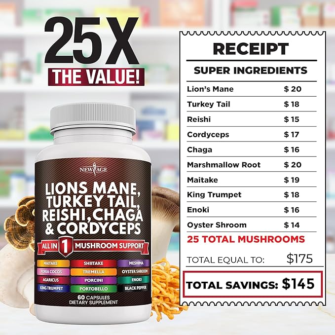 NEW AGE Lions Mane Mushroom Supplement with Turkey Tail Reishi Cordyceps Chaga with Marshmallow Root