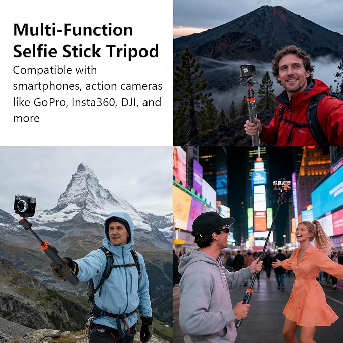 Action Camera Tripod with 360° Ball Head, 66.5'' Selfie Stick Tripod with